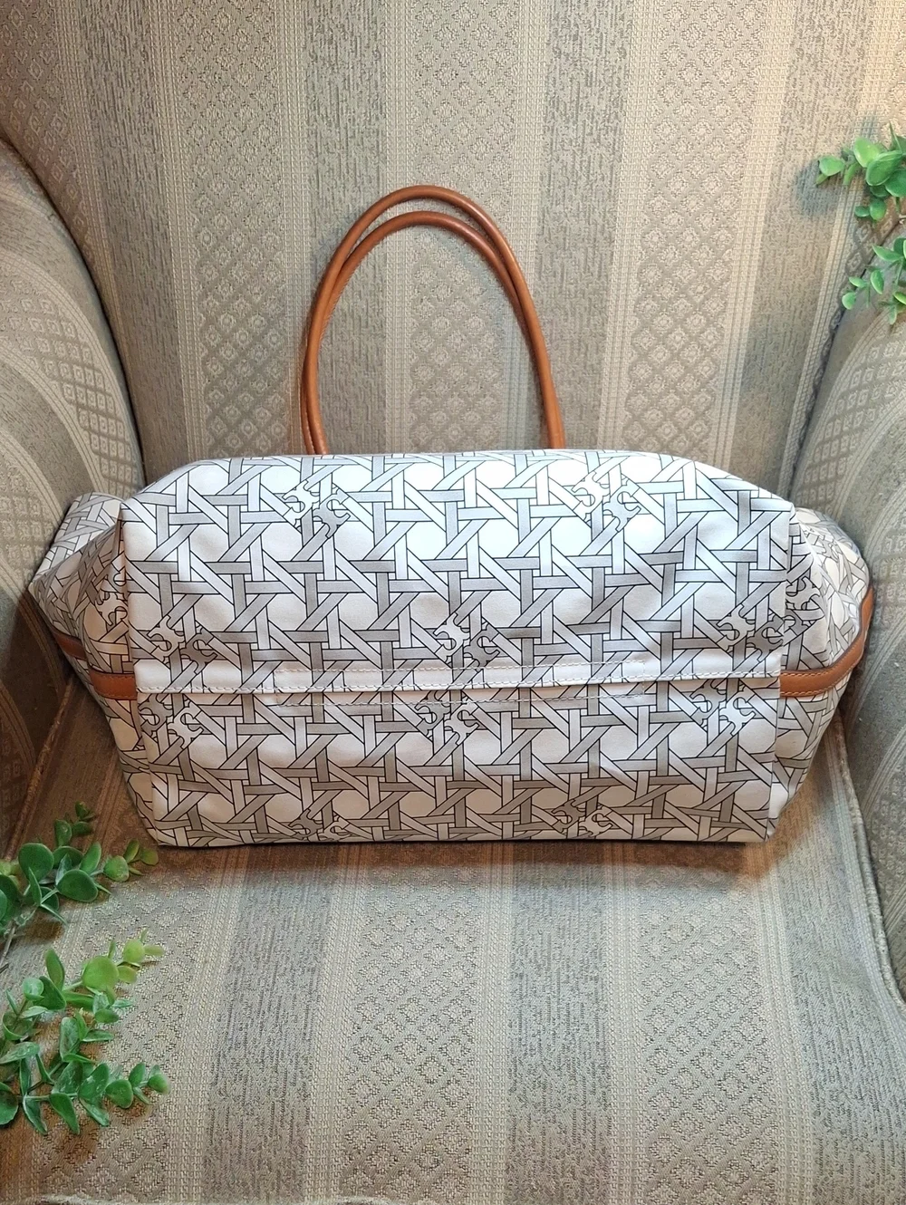 Tory Burch Canvas & Leather Basketweave Large Tote